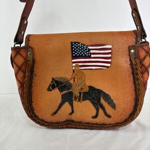 Western Tooled Leather Shoulder Bag Purse **KAREN** US Flag‎ Cowboy Rider